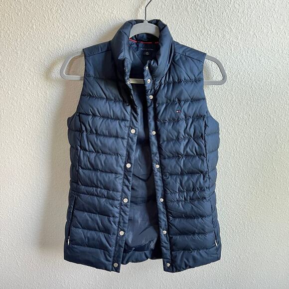 Tommy Hilfiger Quilted Puffer Vest Women's XS Navy Blue Button Front Outdoors - Picture 1 of 4